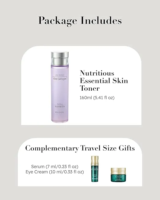 Christmas Gifts ISA KNOX Age Focus Vital Collagen Essential Toner, Prime Wrinkle for All Serum & Prime Eye for All Cream with Vitamins C, B12 & E (177 ml/5.99 fl oz) Korean Skincare