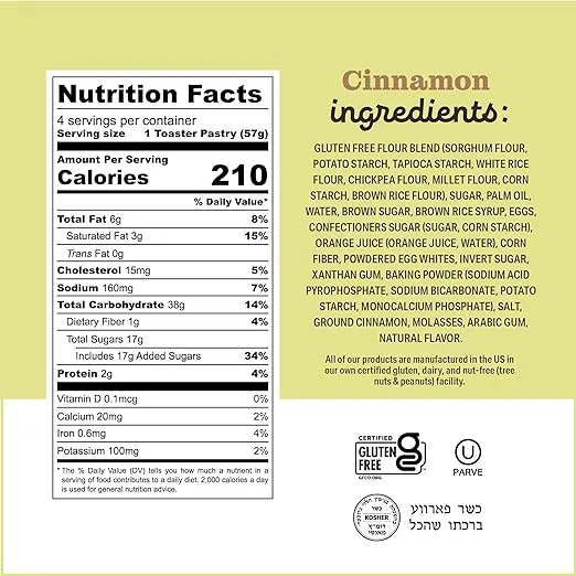 Katz Gluten Free Toaster Pastries. Cinnamon. Easy Breakfast Food Or Anytime Healthy Snacks For Adults & Kids. Gluten Free. Dairy Free, Nut Free, Peanut Free, Soy Free. Kosher Snacks. Healthy Snacks For Adults & Kids 8 OZ (Pack Of 6)