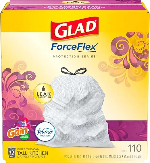 Glad Trash & Food Storage ForceFlex Protection Series Tall Trash Bags, 13 Gal, Gain Moonlight Breeze with Febreze, 110 Ct (Package May Vary), White (79261)
