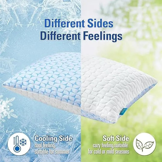 QUTOOL Firm Pillow Shredded Memory Foam Pillows Queen Size Set of 2, Cooling Pillow for Side Sleeper, Supportive Fluffy Bed Pillows for Sleeping with Washable Removable Cover, CertiPUR-US Certified