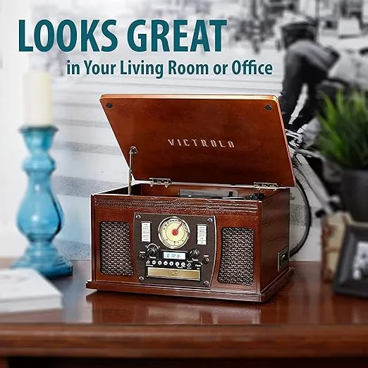 Victrola 8-in-1 Bluetooth Record Player & Multimedia Center, Built-in Stereo Speakers - Turntable, Wireless Music Streaming, Real Wood | Oak