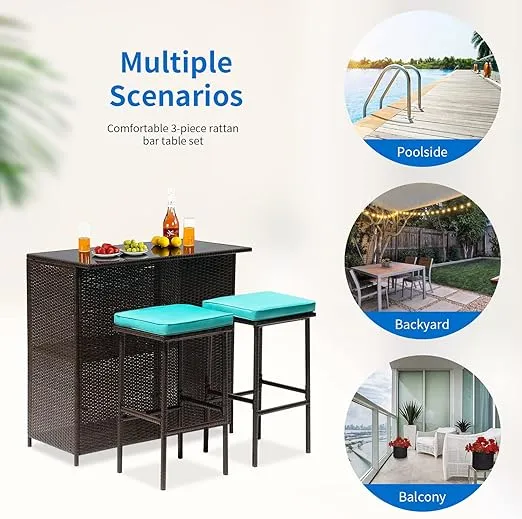 FDW 3PCS Patio Bar Set Outdoor Furniture Set Wicker Bistro Set with Two Stools for Patio Backyard Balcony,Blue Cushion