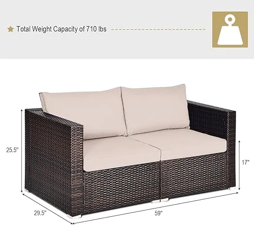 Tangkula Wicker Loveseat 2 Piece, Patio Furniture Couch with Removable Cushions, Rattan Loveseat Sofa for Balcony, Deck, Garden and Poolside