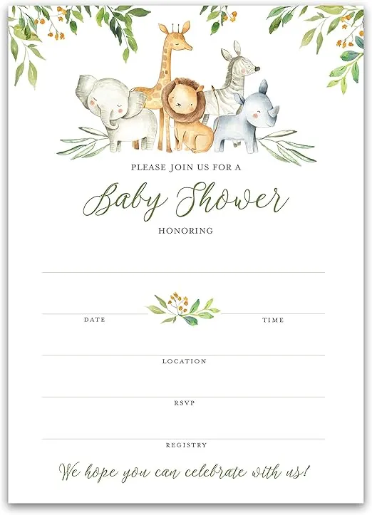SAFARI ANIMALS Baby Shower INVITATIONS — Pack of 25 — Blank Fill-in INVITES, Green Rustic Forest Jungle Animal Theme, Couples Shower Co-ed Shower Invitation Coed Gender Neutral Elephant Lion I550-INV1