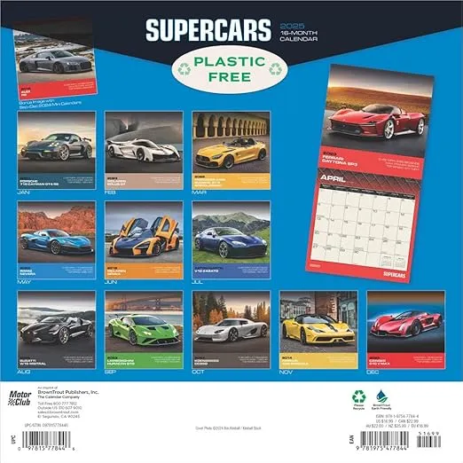 Supercars | 2025 12 x 24 Inch Monthly Square Wall Calendar | Plastic-Free | Motor Club | Automobiles Luxury Prestige Hypercars