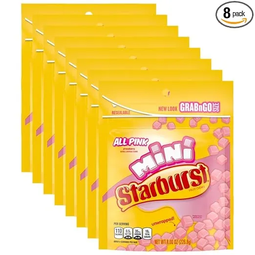 STARBURST Minis All Pink Fruit Chews Candy, 8 Oz Grab N Go Resealable Bag (Pack Of 8)