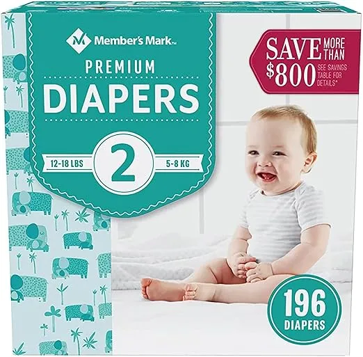 Members Mark Premium Baby Diapers, Size 2 (12-18 Pounds), 196 Count