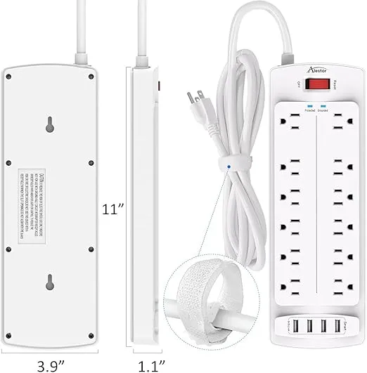 Power Strip, ALESTOR Surge Protector with 12 Outlets and 4 USB Ports, 10 Feet Extension Cord (1875W/15A), 2700 Joules, ETL Listed, White