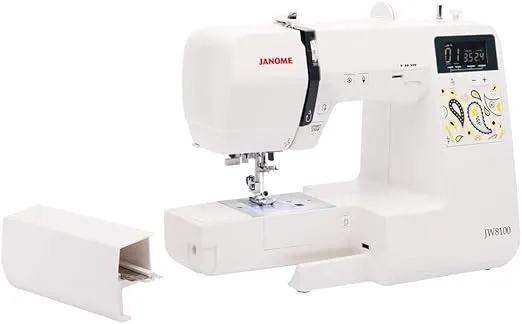 Janome JW8100 Fully-Featured Computerized Sewing Machine with 100 Stitches, 7 Buttonholes, Hard Cover, Extension Table and 22 Accessories