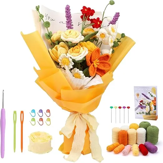 Iuuidu Crochet Kit for Beginners, Flower Bouquet Crochet Kit Rose, Knitting Starter Kit with Crochet Yarn and Step-by-Step Instructions for Birthday, Wedding Anniversary Day Present