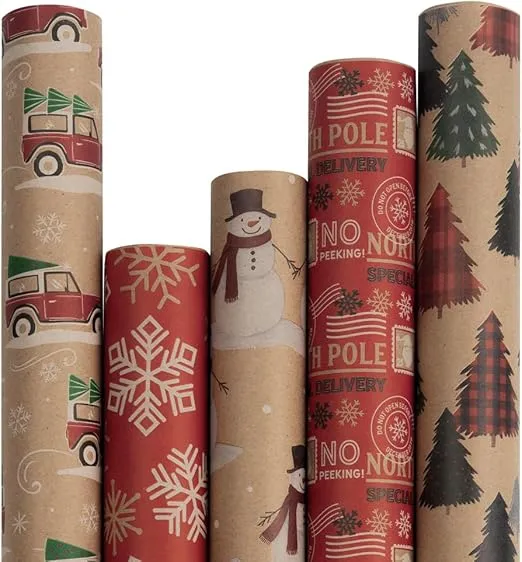 JAM Paper Assorted Gift Wrap - Christmas Kraft Wrapping Paper - 125 Sq Ft Total - Kids Kraft Christmas Set - 5 Rolls/Pack
