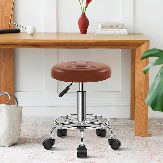 PU Leather Stool with Wheels Modern Round Rolling Stool with Footrest 360°Swivel Height Adjustable Stool Chair for Home Work Drafting Spa Salon Massage Beauty Stools Small (Brown)