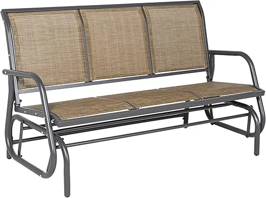 Outsunny 3-Person Patio Glider Bench, Outdoor Porch Glider Swing with 3 Seats, Breathable Mesh Fabric, Metal Frame, Light Mixed Brown