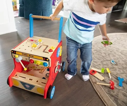 Fat Brain Toys My Fixer Upper Tool Bus - Toddler Walker & Pretend Workbench, 18 mos+