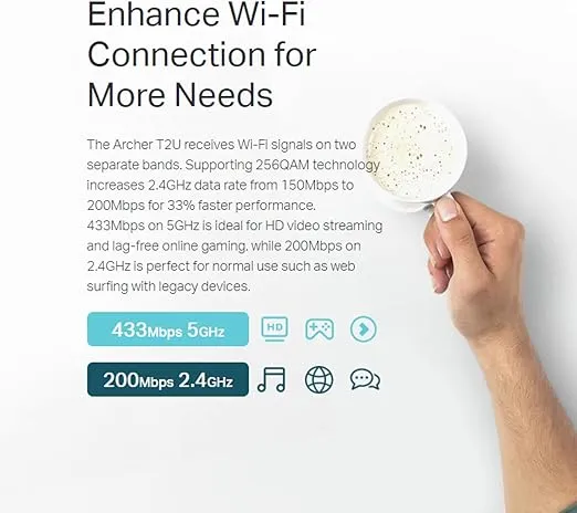 TP-Link Archer T2U 11AC USB WiFi Adapter - Dual Band 2.4G/5G AC600 Wireless Network Card, WiFi Dongle, Mini size, Supports Windows (XP/7/8/8.1/10), Mac OS (10.7~10.14)