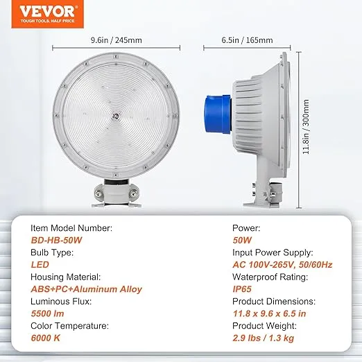 VEVOR LED Barn Light, 50W 5500LM, Ultra Brightness 6000K Daylight, Dusk to Dawn Area Lights, Outdoor Security Flood Lighting, IP65 Waterproof for Outside Yard Street Garage Shed Patio, Wall/Pole Mount