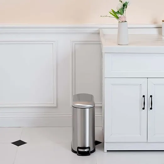 Amazon Basics Small Trash Can with Lid and Soft-Close Foot Pedal for Bathroom, Bedroom, Living Room, Office, Smudge Resistant, 10L / 2.6 Gallon, Brushed Stainless Steel
