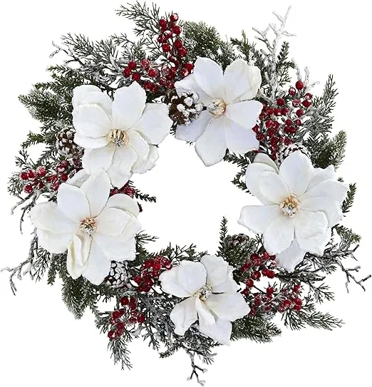 Nearly Natural 4186 22" Snowed Magnolia & Berry Wreath White/Green