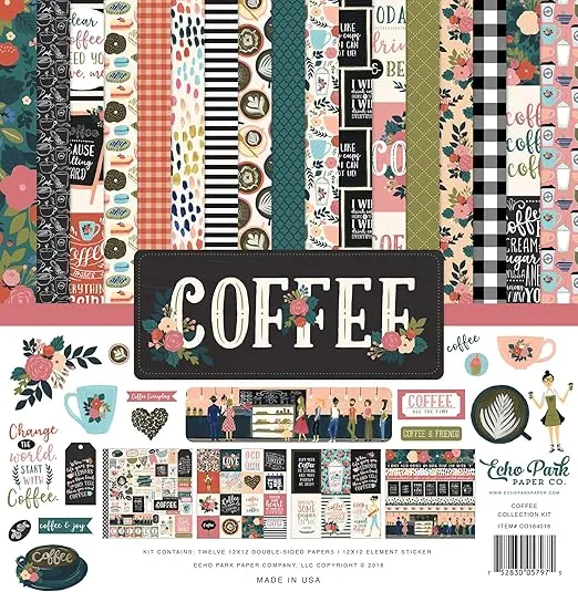 Echo Park Paper Company Coffee Collection Kit paper, 12-x-12-Inch, Pink/Green/Red/Navy/Blue/Teal/Black