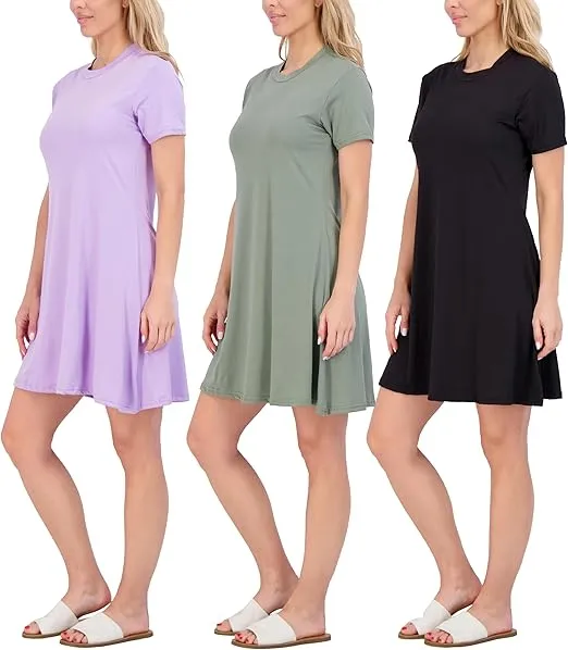 Real Essentials 3-Pack: Womens Soft Lounge Swing Casual T-Shirt Dress (Available in Plus Size)