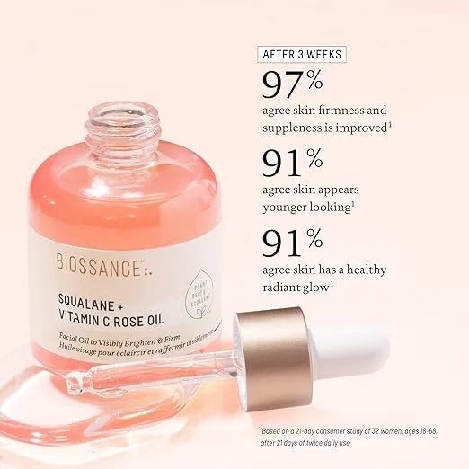 Biossance Squalane + Vitamin C Rose Oil, Advanced Facial Oil - Brightening, Firming, and Hydrating Serum for All Skin Types - Chios Crystal Oil, Damascus Rose Extract & Squalane for Radiance - 1oz