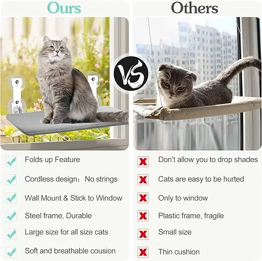 Foldable Cat Window Perch, Cordless Cat Window Hammock Cat Window Bed Window Seat for Indoor Cats Inside Strong Suction Cup, Large Cats Windowsill Bed Safety with Sturdy Metal Frame & Breathable Mat
