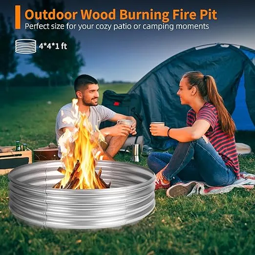 4FT Campfire Ring, Jotesnew Galvanized Fire Ring for Outside Fire Wood-Burning Pit, Heavy Duty Steel Fire Pit In-Ground for Backyard, Camping, Bonfire 4x4x1FT, Silvery