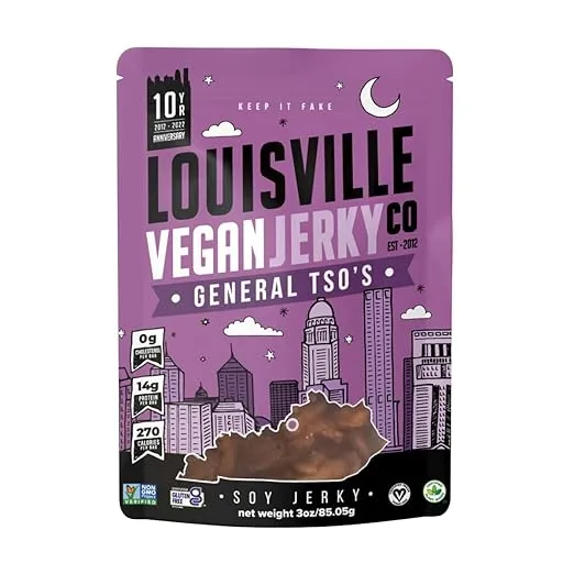 Louisville Vegan Jerky - General Tso’s Vegan and Vegetarian Meat - Lip-Smacking Vegan-Friendly & Vegetarian Jerky - Non-GMO 14 Grams Soy Protein, Gluten-Free Low Fat High Protein Vegan Snacks