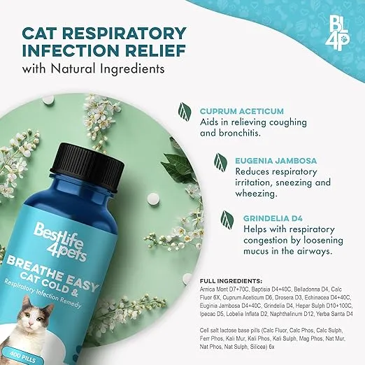 Cat Cold & Respiratory Infection Remedy - Breathe Easy Upper Respiratory Treatment for Cats Provides Natural Relief for Sneezing, Coughing, Nasal Congestion and Asthma - 400 Odorless, Tasteless Pills