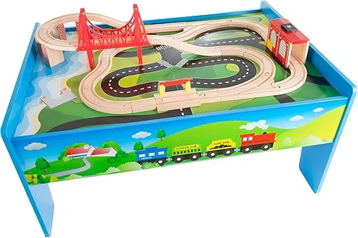 Wooden Train Set Table for Kids, Deluxe Had Painted with Tracks, Cars, Boats, and Accessories for Boys and Girls by Hey! Play!