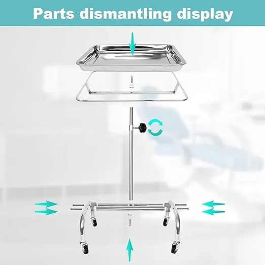 Premium Mayo Instrument Stand Salon Tray Medical Tray Beauty Spa Tray Dentist Tray with Wheels,Stainless Steel