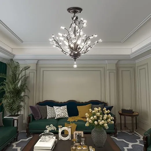 Maxax 4 Lights Semi Flush Mount Crystal Chandelier, Modern K9 Ceiling Light Fixtures, Adjustable Hanging Pendant Lighting, E12 Ceiling Light for Entry Way, Dinning Room, Living Room, Bedroom, Black