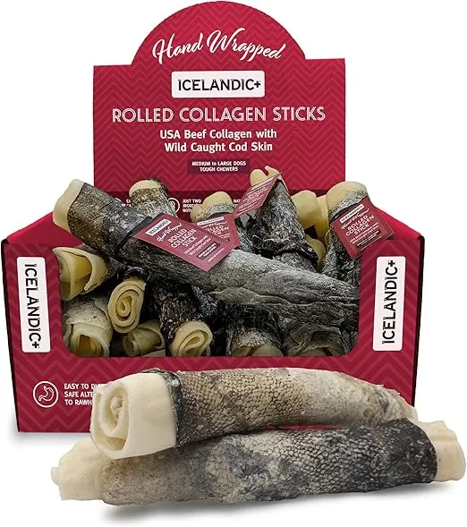 Icelandic+ Beef Rolled Collagen Stick with Wrapped Fish 8" Dog Treat