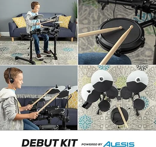 Alesis Drums Debut Kit – Kids Drum Set With 4 Quiet Mesh Electric Drum Pads, 120 Sounds, Drum Stool, Drum Sticks, Headphones and 100 Melodics Lessons