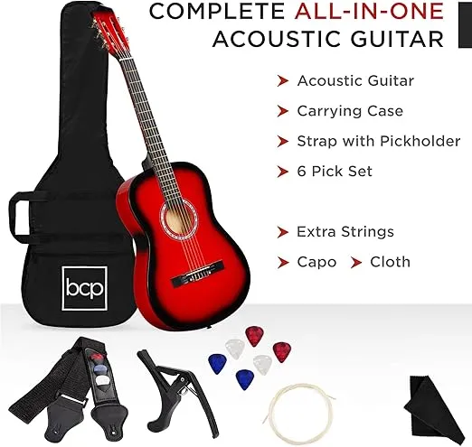 Best Choice Products 38in Beginner All Wood Acoustic Guitar Starter Kit w/Gig Bag, 6 Celluloid Picks, Nylon Strings, Capo, Cloth, Strap w/Pick Holder - Red Burst