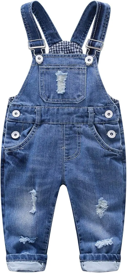 KIDSCOOL SPACE Baby Boy Girl Jean Overalls,Toddler Ripped Denim Cute Workwear