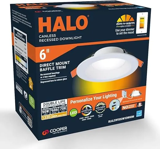 HALO RL 6 inch Canless Recessed Integrated LED Downlight, 900/1200 Selectable Lumens, 5CCT(2700K, 3000K, 3500K, 4000K, 5000K) with Dim to Warm, White
