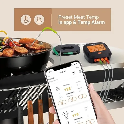 WiFi Meat Thermometer with 4 Colored Organized Probes, INKBIRD Rechargeable Grill Thermometer for Smoking, Smart Digital Food BBQ Thermometer with Infinite Distance Remote Monitor Alarm