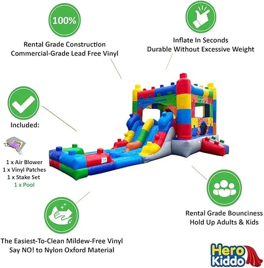 HeroKiddo Block Party Inflatable Water Slide Bounce House Combo with Splash Pool (with Air Blower), Commercial Grade, 100% PVC Vinyl, for Kids and Adults, Basketball Hoop, Outdoor Backyard, Wet Dry