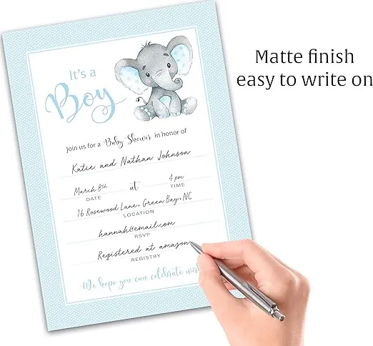 IT’S A BOY! — Boy Elephant BABY SHOWER INVITATIONS— Pack of 25 — BLUE Peanut Baby Shower Blank Fill-in INVITES, Chic, Unique, BLUE Baby BOY Sprinkle Invites, DIY Invites Polka Dot SKU I501-INV1