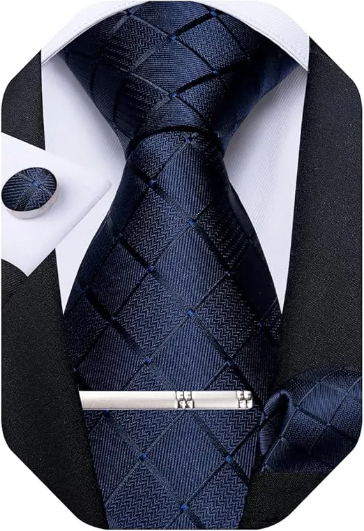 DiBanGu Plaid Ties for Men Silk Checkered Necktie and Pocket Square Cufflinks Tie Clip Set with Gift Box for Wedding Business