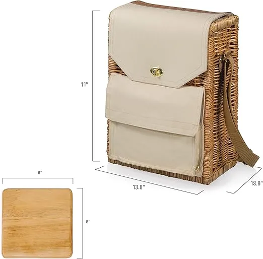 PICNIC TIME Corsica Wine and Cheese Picnic Basket - Wine Tote Bag - Gift for Wine Lovers, (Beige Canvas), 12 x 7 x 17