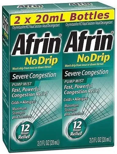 Afrin No Drip Severe Congestion Pump Mist Nasal Spray 12 Hour Relief 20 mL Bottle (Pack of 2)
