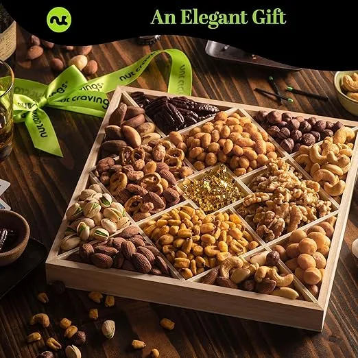 NUT CRAVINGS Gourmet Collection - Holiday Christmas Mixed Nuts Gift Basket in Reusable Diamond Wooden Tray + Green Ribbon (12 Assortments) Xmas Kwanzaa Arrangement Platter, Healthy Kosher Corporate