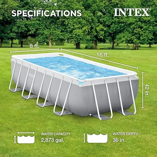 Intex 26791EH Prism Frame Premium Rectangular Above Ground Swimming Pool Set: 16ft x 8ft x 42in – Complete Set Includes 1000 GPH Cartridge Filter Pump