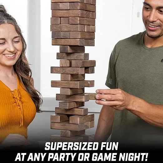 GoSports Toppling Tower - Large Wooden Stacking Game - Stacks Up to 3 ft - Brown Wood Stain, Gray, or Natural
