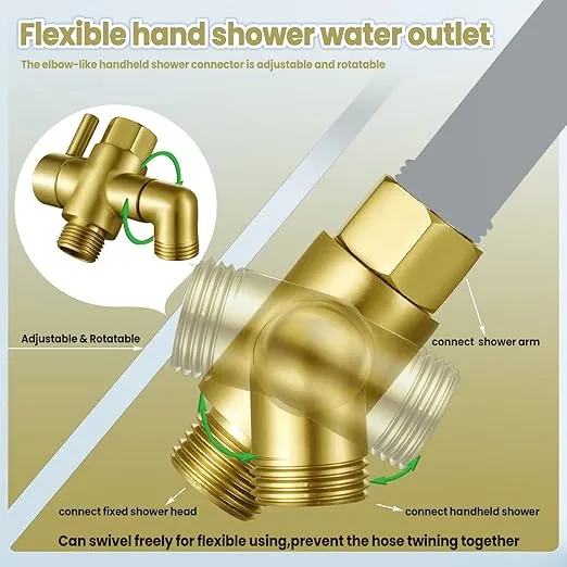 Metal Shower Diverter Valve, YDmeet 3 Way Shower Head Diverter for Handheld Showerhead and Fixed Rainfall Shower Head, Universal G1/2 Bathroom Shower System Replacement Part, Brushed Gold