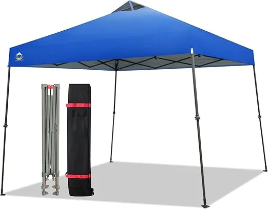 CROWN SHADES 9x9 Pop Up Canopy Tent Slanted Legs for Added Stability - Beach Tent Sun Shelter for Outdoor Shades - Canopy with 11x11 Base, with Roller Bag, Blue