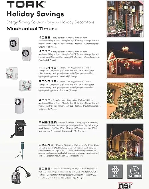 NSi Industries TORK RTN312 Indoor 15-Amp Plug-in Heavy Duty Mechanical Appliance Timer 24-Hour Programming – GREEN & RED Trippers TWO Receptacles White