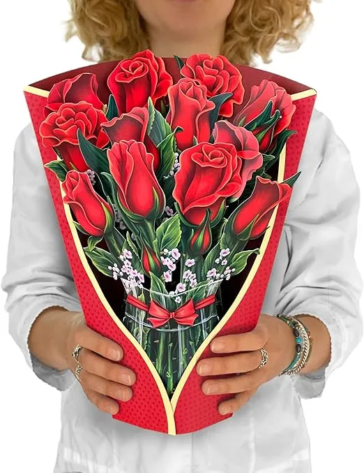 Freshcut Paper Pop Up Cards, Paper Flower Bouquet 3D Popup Greeting Cards with Note Card & Envelope, Birthday Card, Anniversary Card, Get Well Gifts for Women, 12" Red Roses